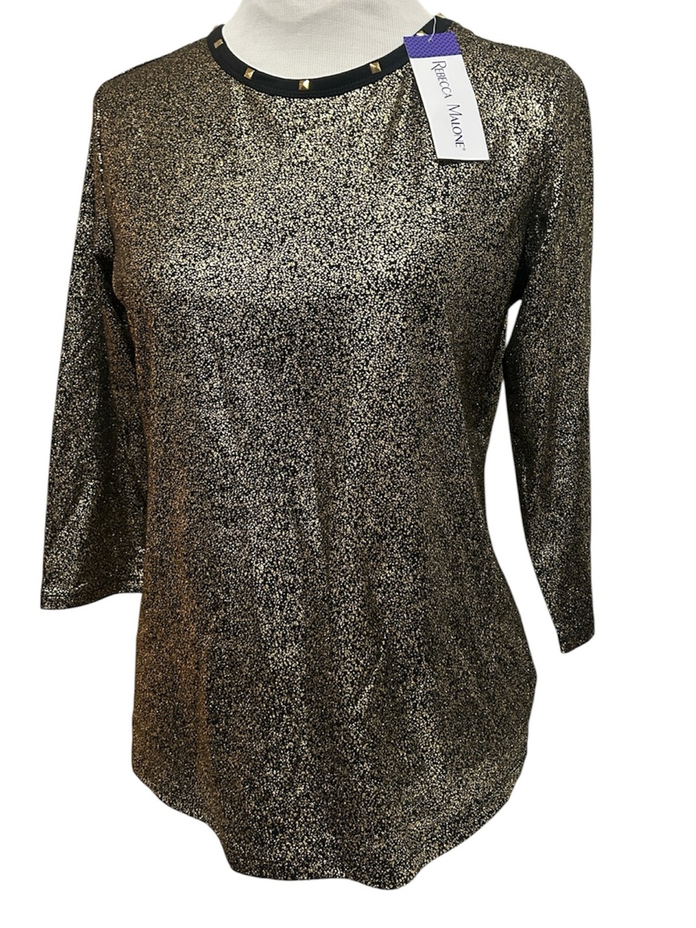 NWT Rebecca Malone Gold Metallic Shimmer Top Studded Neckline 3/4 Sleeve Medium
